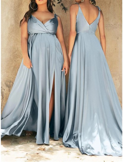 A-Line Bridesmaid Dress V Neck Long Sleeve Blue Floor Length Chiffon with Split Front / Ruching-SOGOTADE