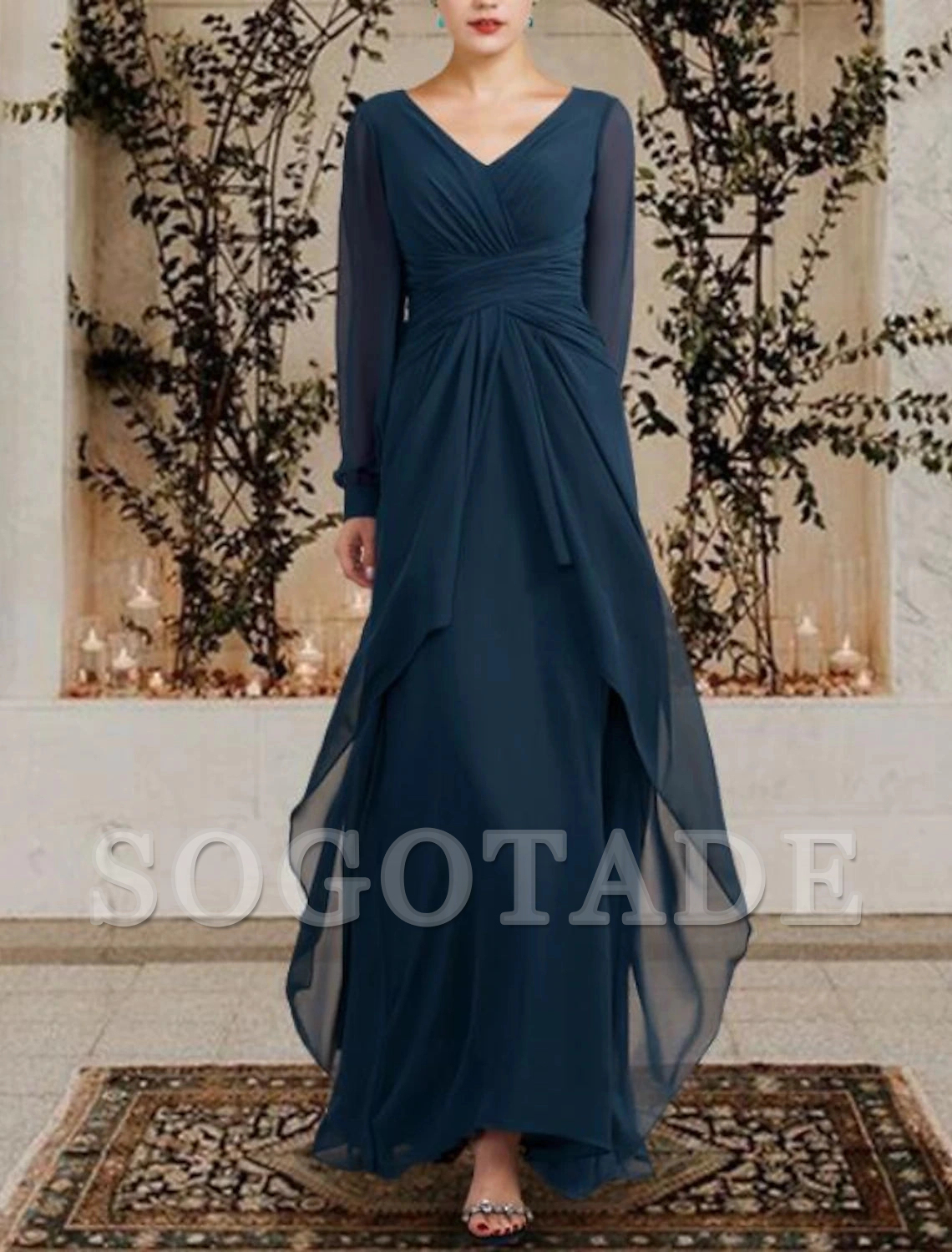 A-Line Mother of the Bride Dress Wedding Guest Plus Size Elegant V Neck Floor Length Chiffon Long Sleeve with Ruched Ruffles Side-Draped Fall