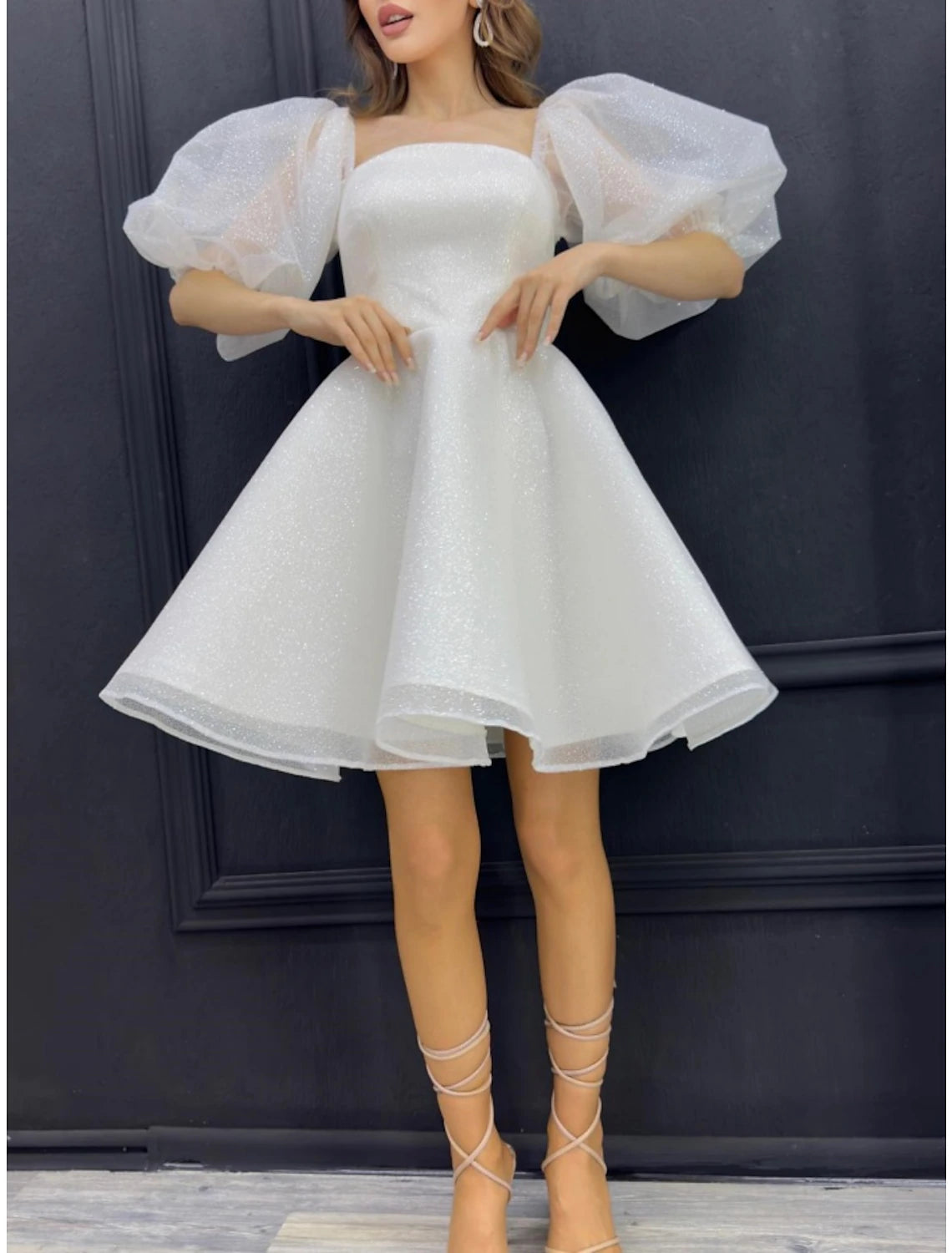 A-Line Homecoming Dresses Sparkle Dress Homecoming Short / Mini Half Sleeve Square Neck Sequined with Glitter Pleats-SOGOTADE