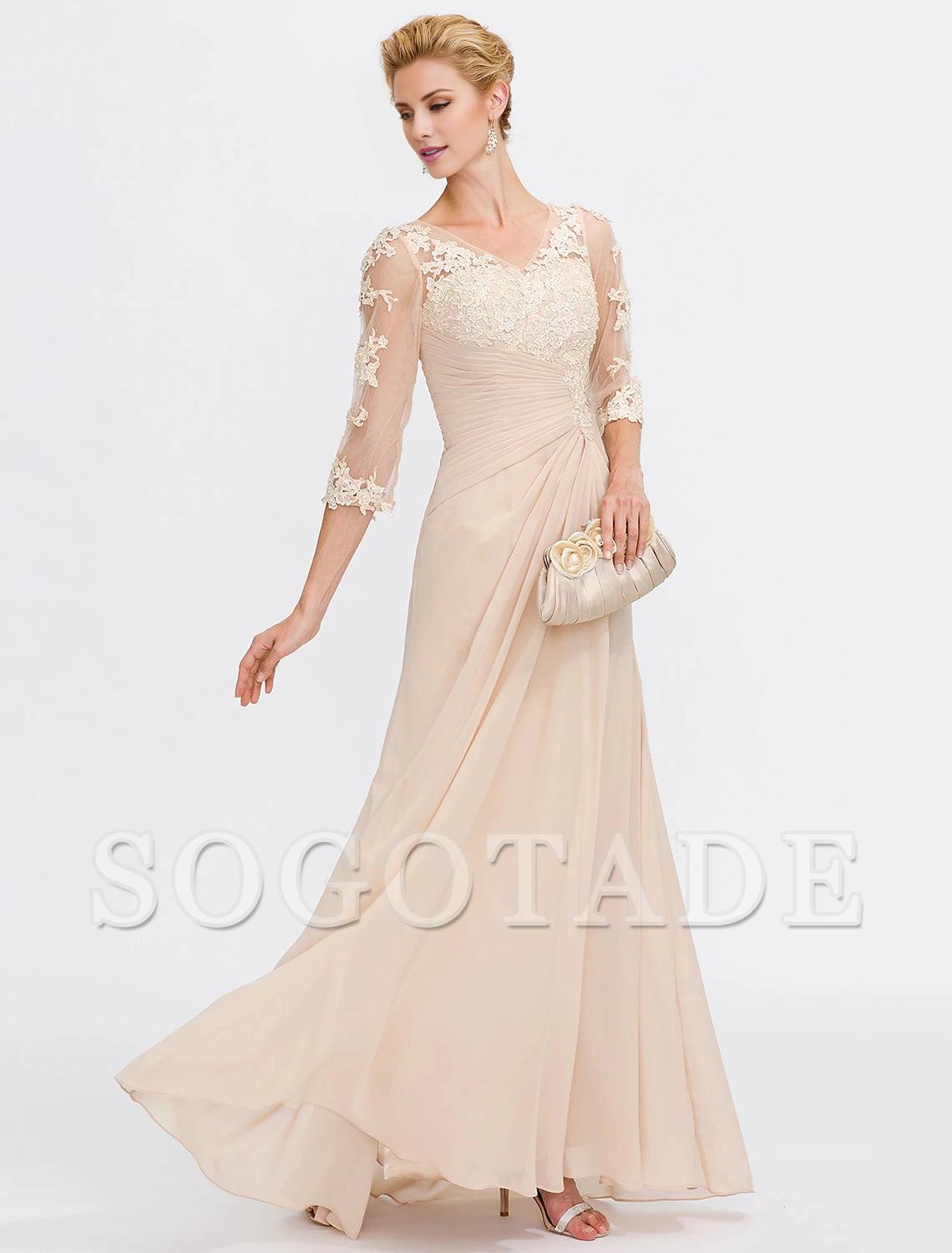 A-Line Mother of the Bride Dress Fall Wedding Guest Dresses Plus Size Elegant See Through V Neck Floor Length Chiffon Half Sleeve with Appliques Side Draping-SOGOTADE