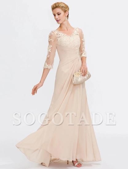 A-Line Mother of the Bride Dress Fall Wedding Guest Dresses Plus Size Elegant See Through V Neck Floor Length Chiffon Half Sleeve with Appliques Side Draping-SOGOTADE