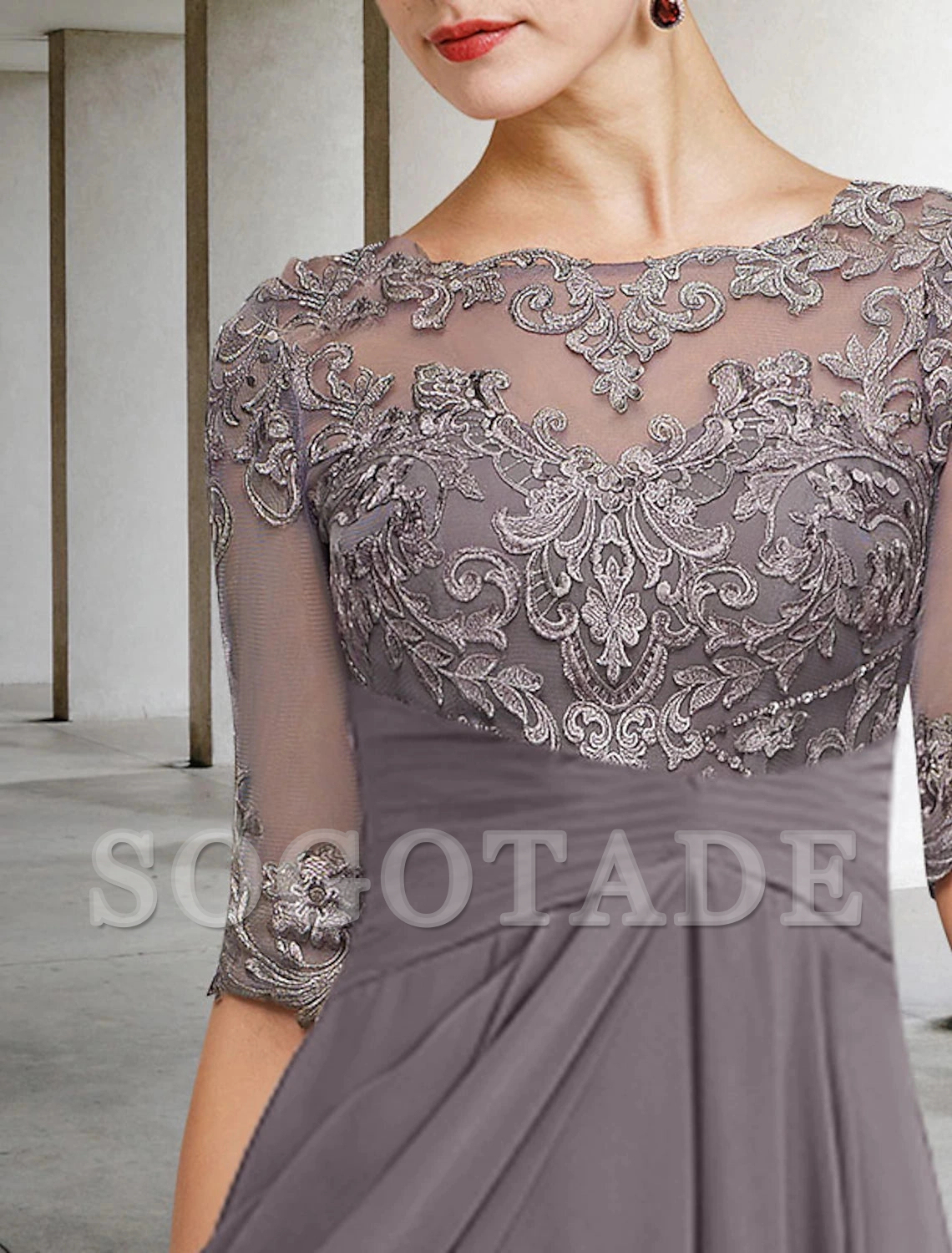 A-Line Mother of the Bride Dress Fall Wedding Guest Dresses Plus Size Elegant High Low V Neck Asymmetrical Ankle Length Chiffon Lace Half Sleeve with Beading Appliques-SOGOTADE