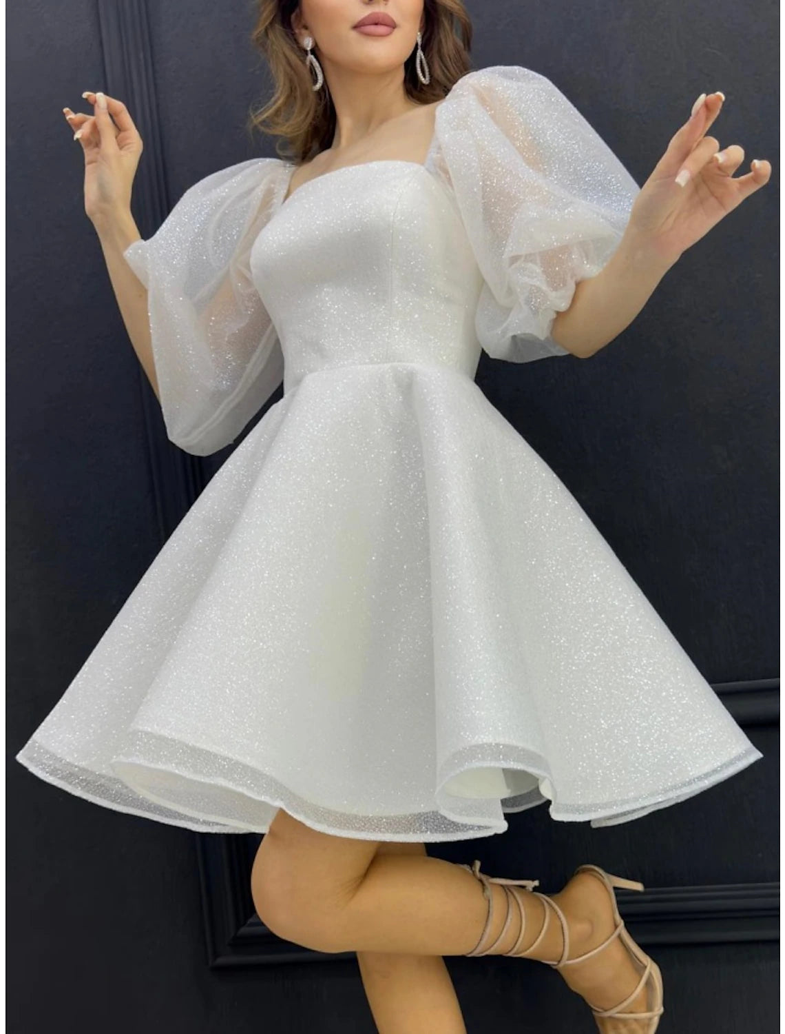 A-Line Homecoming Dresses Sparkle Dress Homecoming Short / Mini Half Sleeve Square Neck Sequined with Glitter Pleats-SOGOTADE