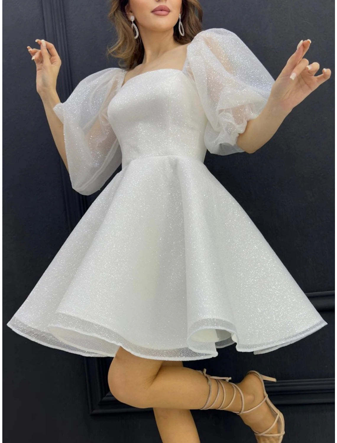 A-Line Homecoming Dresses Sparkle Dress Homecoming Short / Mini Half Sleeve Square Neck Sequined with Glitter Pleats-SOGOTADE