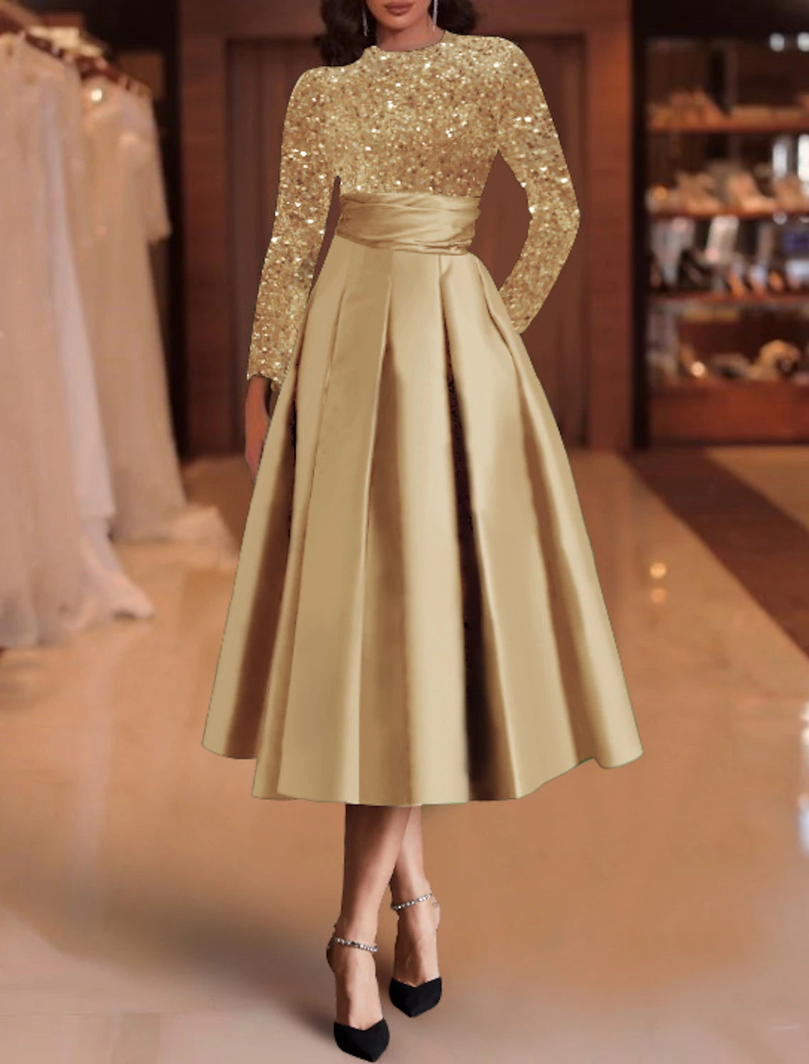 A-Line Cocktail Dresses Elegant Dress Christmas Red Green Dress Wedding Guest Tea Length Long Sleeve Jewel Neck Satin with Pleats Sequin 2024-SOGOTADE