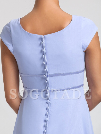Sheath / Column Bridesmaid Dress Square Neck Short Sleeve Elegant Floor Length Chiffon with Sash / Ribbon / Pleats