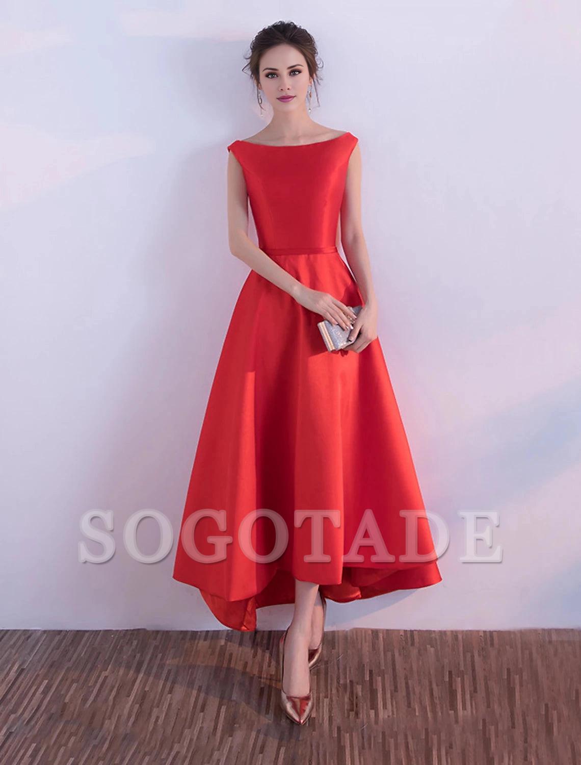 A-Line Evening Gown Red Green Dress Wedding Guest Party Wear Asymmetrical Sleeveless Jewel Neck Satin with Sleek-SOGOTADE
