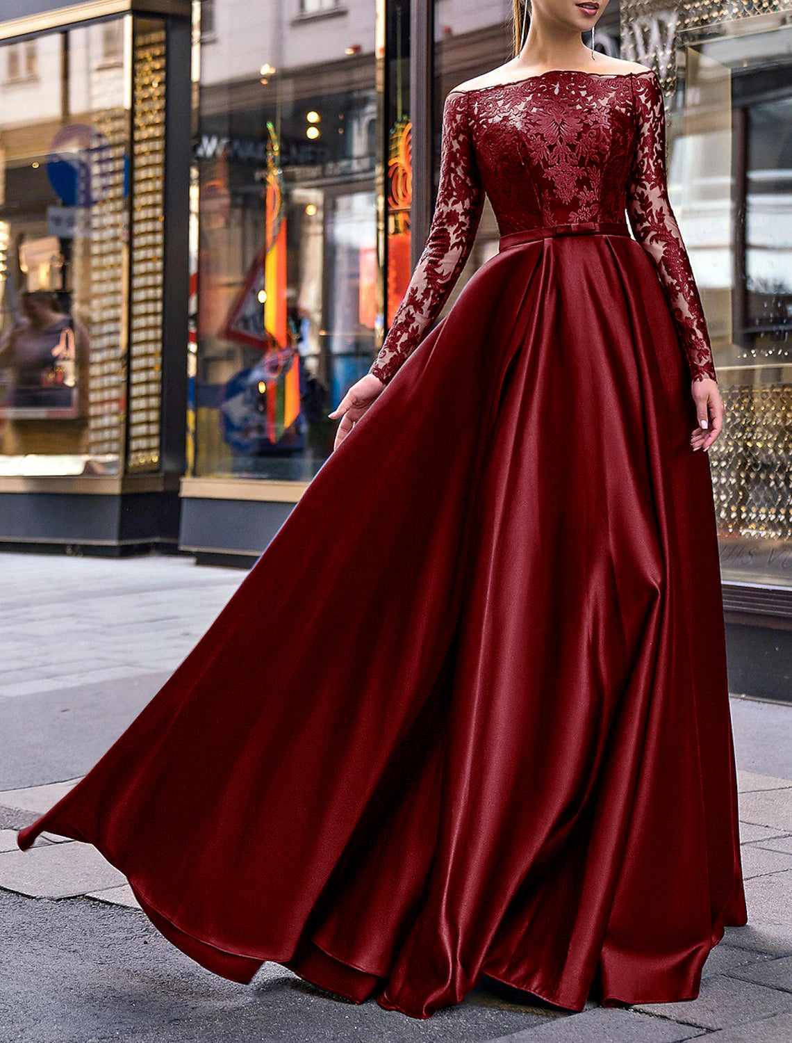 A-Line Evening Gown Party Dress Christmas Red Green Dress Elegant Dress Wedding Guest Fall Floor Length Long Sleeve Off Shoulder Belt / Sash Satin with Appliques 2024-SOGOTADE