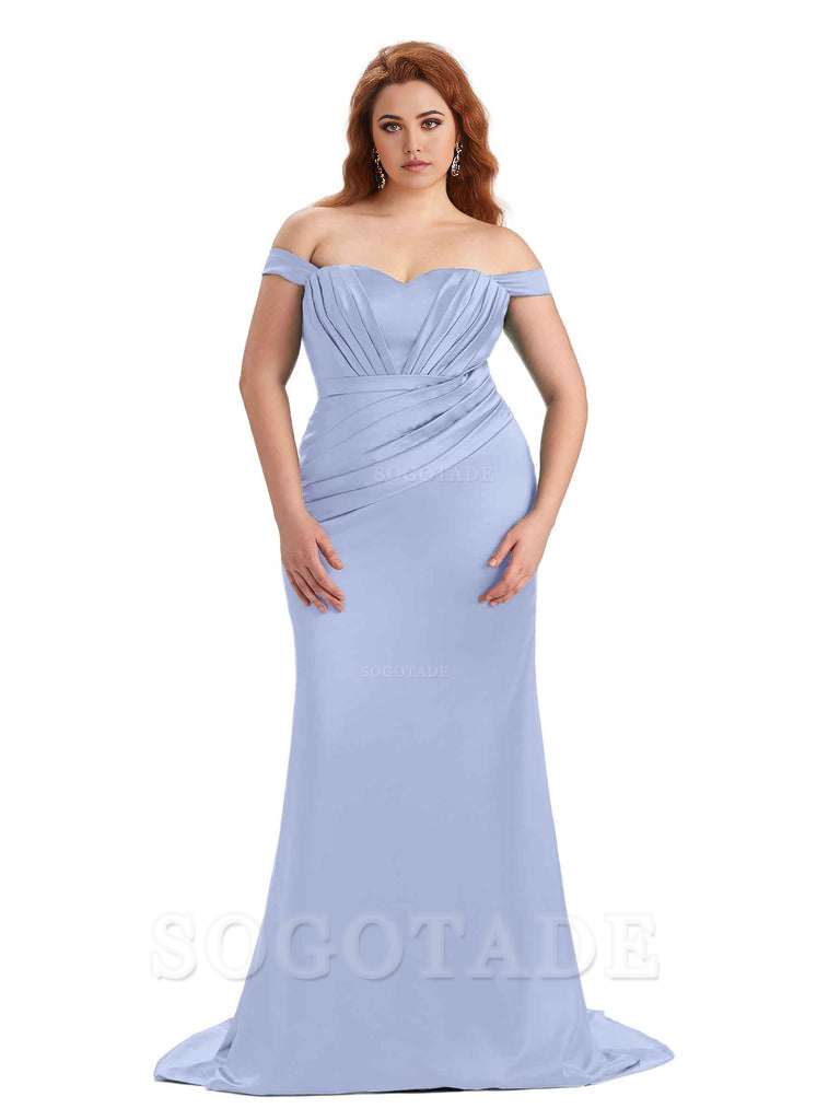 Sexy Mermaid Off The Shoulder Sweetheart Soft Satin Floor Length Long Plus Size Maid of Honor Dresses