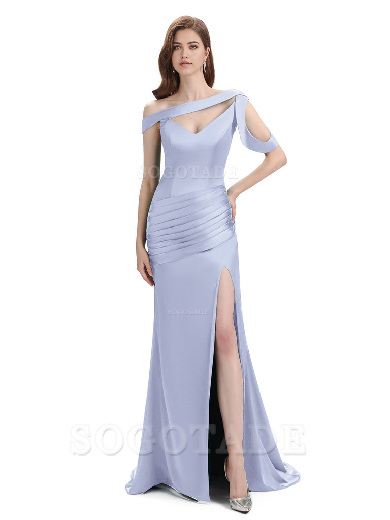 Mermaid V-Neck Satin Floor-Length formal dresses evening gown Bridesmaid Dresses With Side Slit 