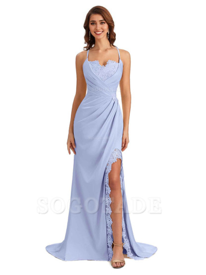 Sexy Side Slit Spaghetti Straps Lace Mermaid Silky Satin Wedding Guest Dresses