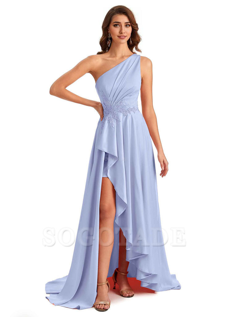 Sexy One Shoulder A-Line High Low Silky Satin Lace Long Formal Wedding Guest Dresses