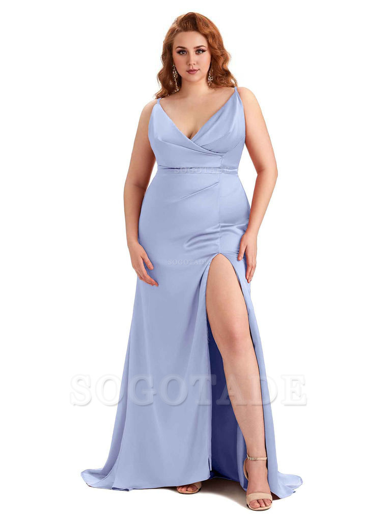 Sexy Side Slit Spaghetti Straps Mermaid Soft Satin Fashion Bridesmaid Dresses