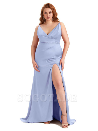 Sexy Side Slit Spaghetti Straps Mermaid Soft Satin Fashion Bridesmaid Dresses