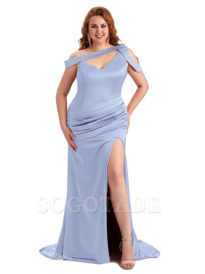 Sexy V-Neck Side Slit Unique Mermaid Soft Satin Long Plus Size Bridesmaid Dress For Wedding