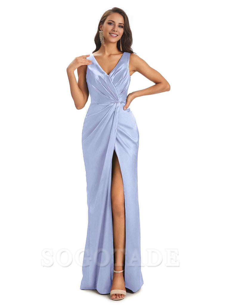 V-Neck Unique Long Satin Bridesmaid Dresses with Front Slit
