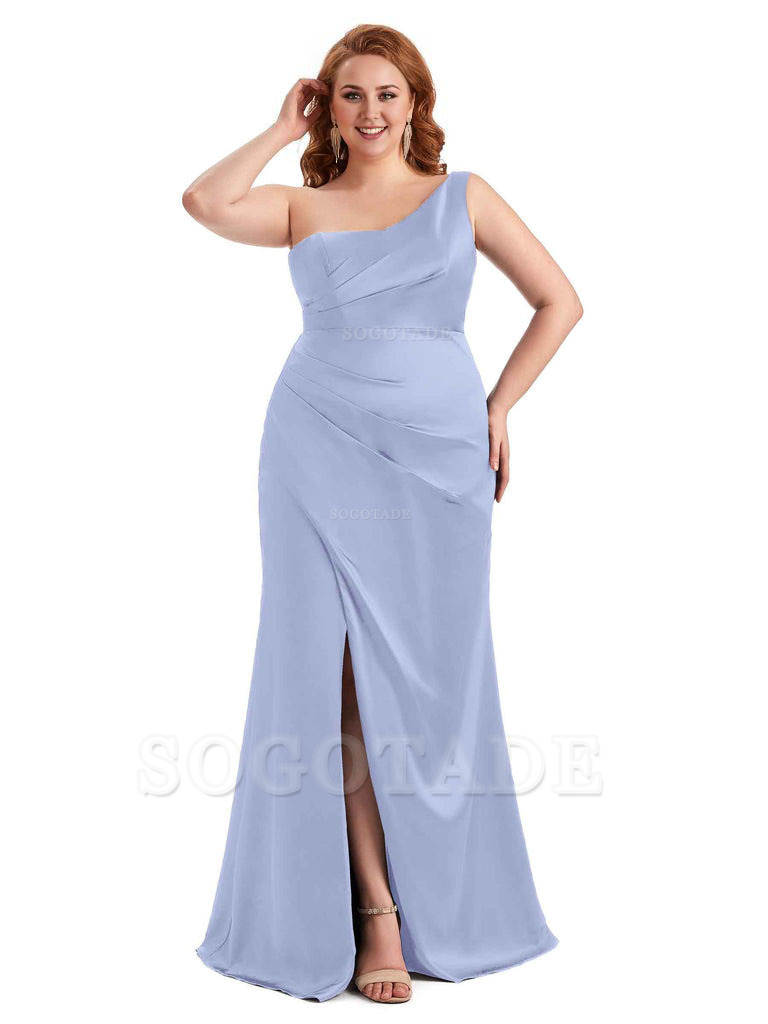 Sexy Side Slit One Shoulder Mermaid Long Plus Size Satin Maxi Dresses
