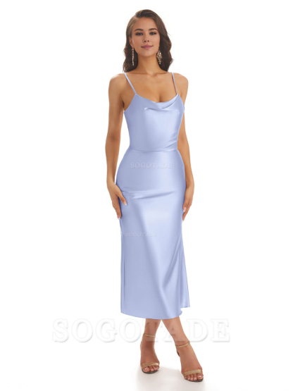 Sexy Soft Satin Spaghetti Strap Tea-Length Midi Short Bridesmaid Dresses prom shop dresses