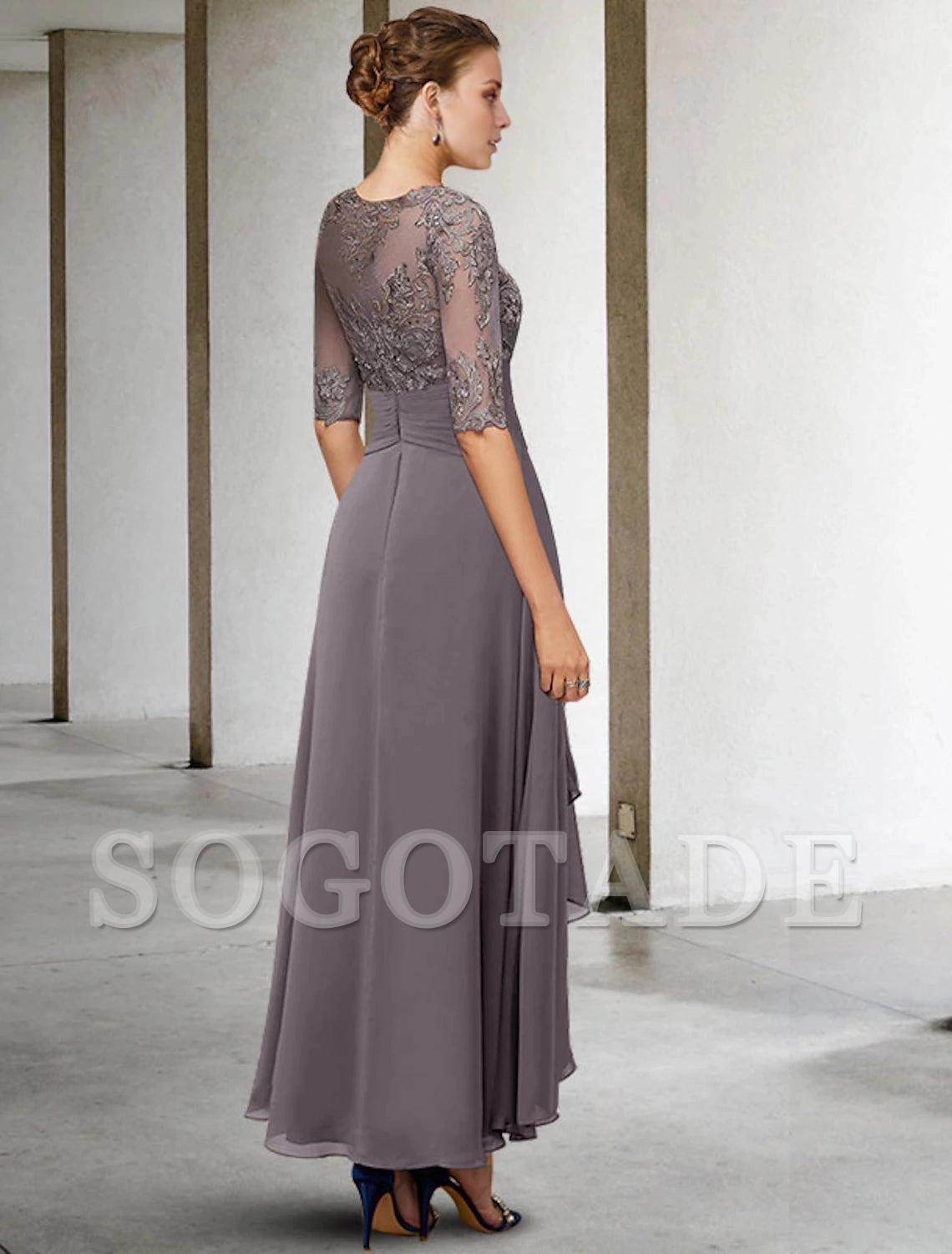 A-Line Mother of the Bride Dress Fall Wedding Guest Dresses Plus Size Elegant High Low V Neck Asymmetrical Ankle Length Chiffon Lace Half Sleeve with Beading Appliques-SOGOTADE