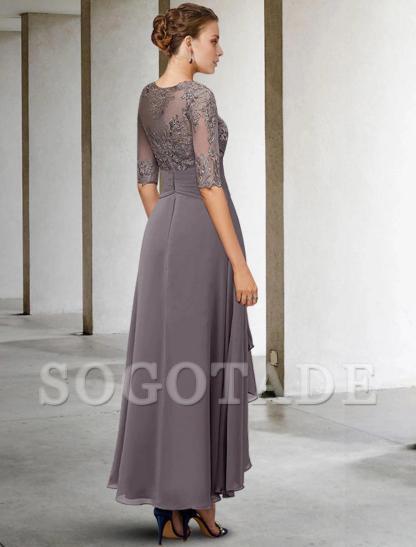 A-Line Mother of the Bride Dress Fall Wedding Guest Dresses Plus Size Elegant High Low V Neck Asymmetrical Ankle Length Chiffon Lace Half Sleeve with Beading Appliques-SOGOTADE
