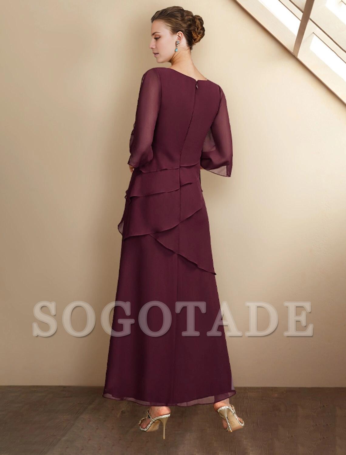 A-Line Mother of the Bride Dress Wedding Guest Plus Size Elegant Jewel Neck Ankle Length Chiffon Half Sleeve with Ruffles Side-Draped Fall