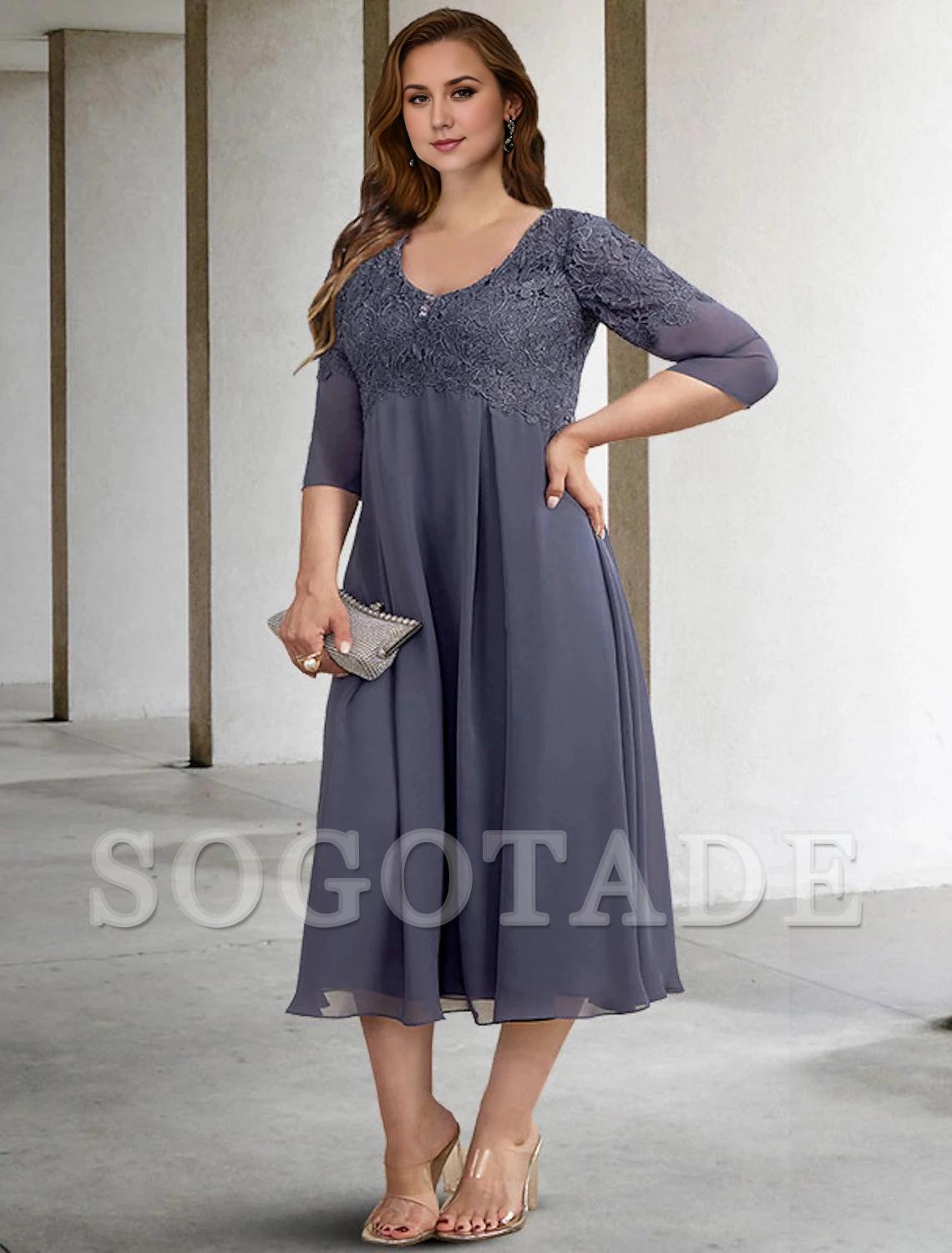A-Line Plus Size Curve Mother of the Bride Dresses Elegant Dress Formal Wedding Guest Tea Length Half Sleeve V Neck Chiffon with Buttons Appliques