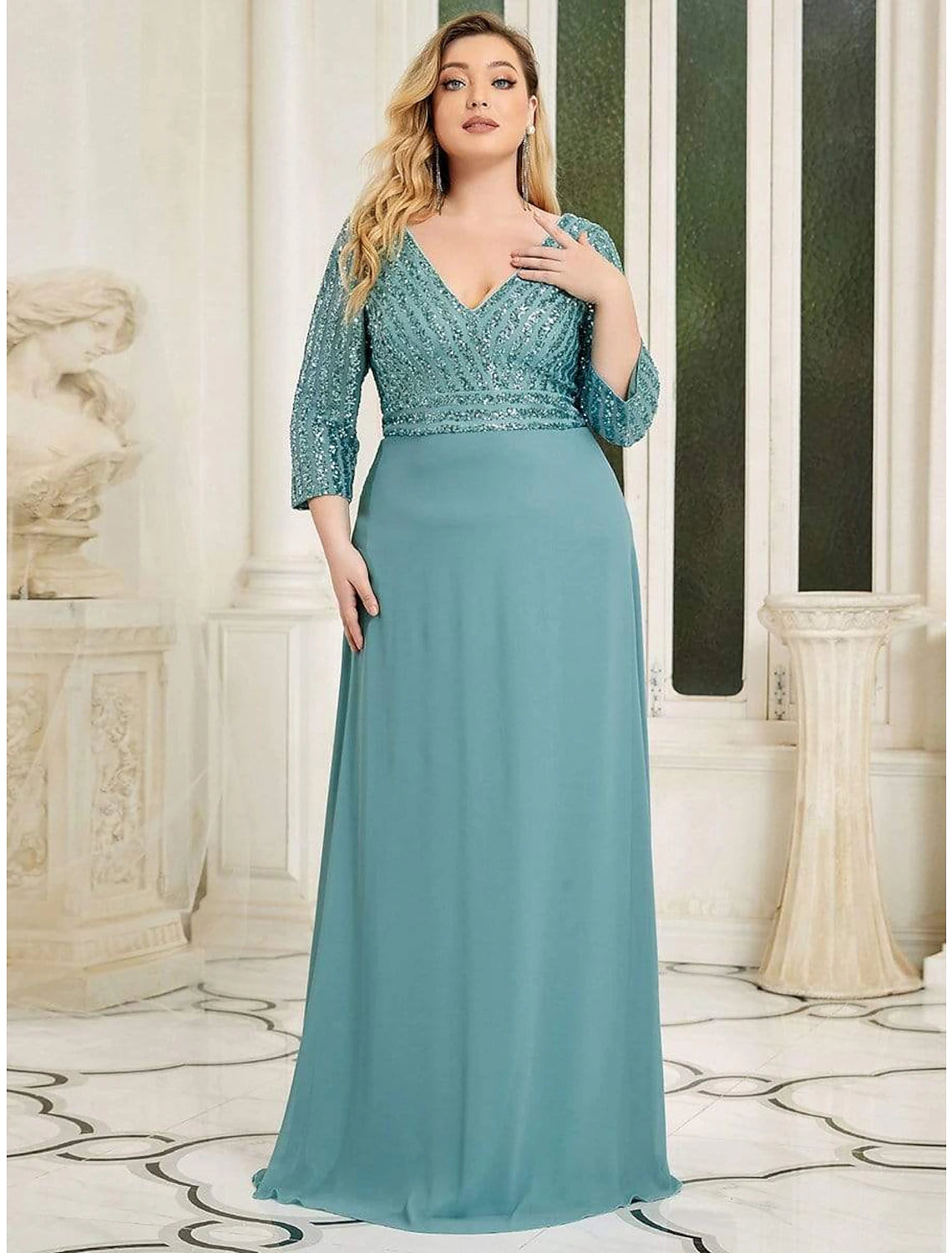 A-Line Evening Gown Plus Size Dress Wedding Guest Black Tie Floor Length 3/4 Length Sleeve V Neck Chiffon V Back with Sequin-SOGOTADE