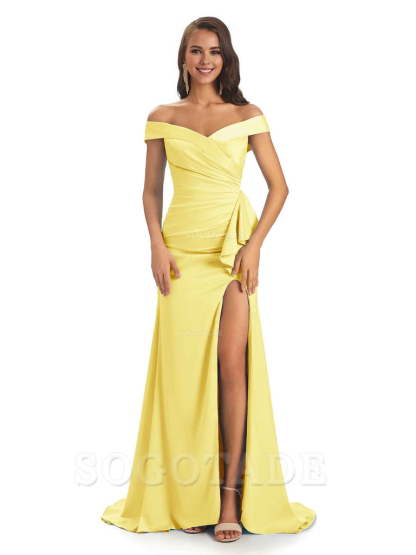Sexy Soft Satin Side Slit Off The Shoulder Maxi Long Mermaid Bridesmaid Dresses prom shop dresses