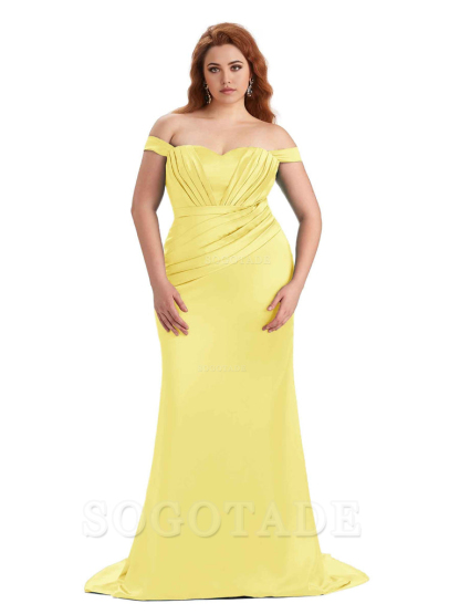 Sexy Mermaid Off The Shoulder Sweetheart Soft Satin Floor Length Long Plus Size Maid of Honor Dresses