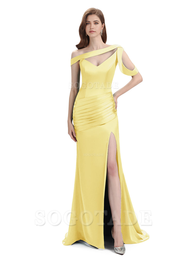 Mermaid V-Neck Satin Floor-Length formal dresses evening gown Bridesmaid Dresses With Side Slit 