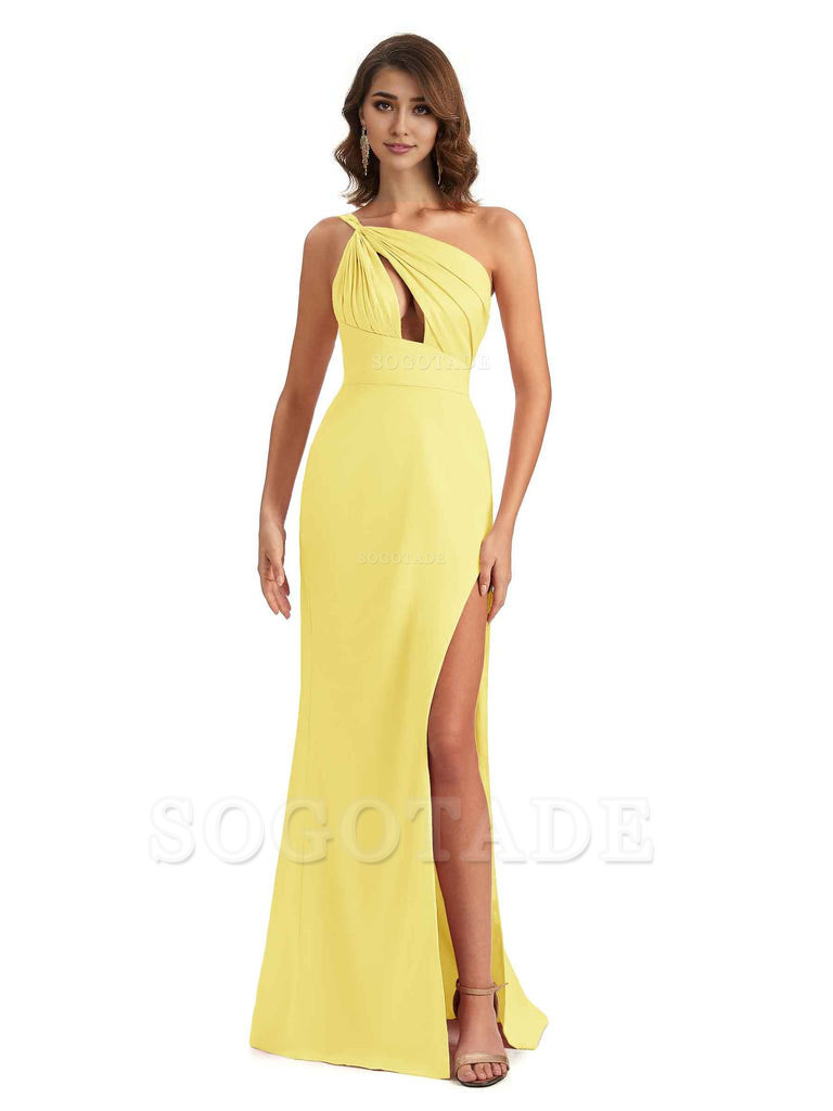 Sexy One Shoulder Silky Satin Unique Long Ladies Bridesmaid Dress For Wedding