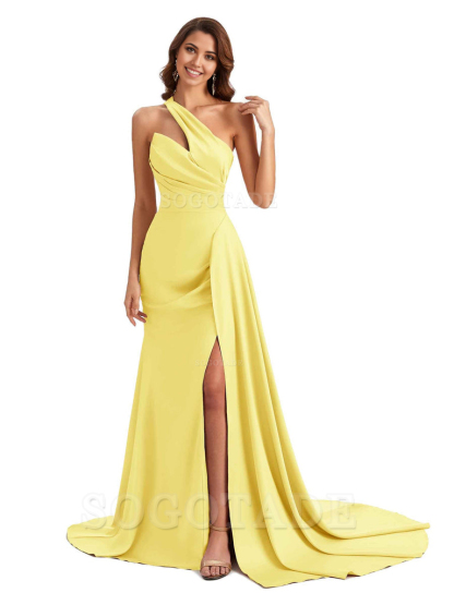 Mermaid One shoulder Satin formal dresses evening gown Bridesmaid Dresses With Side Slit 