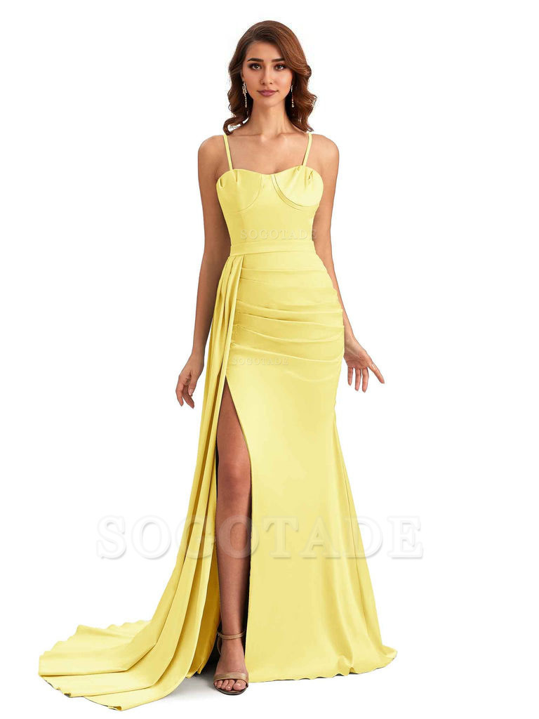 Sexy Spaghetti Straps Side Slit Mermaid Unique Long Bridesmaid Dresses In Satin
