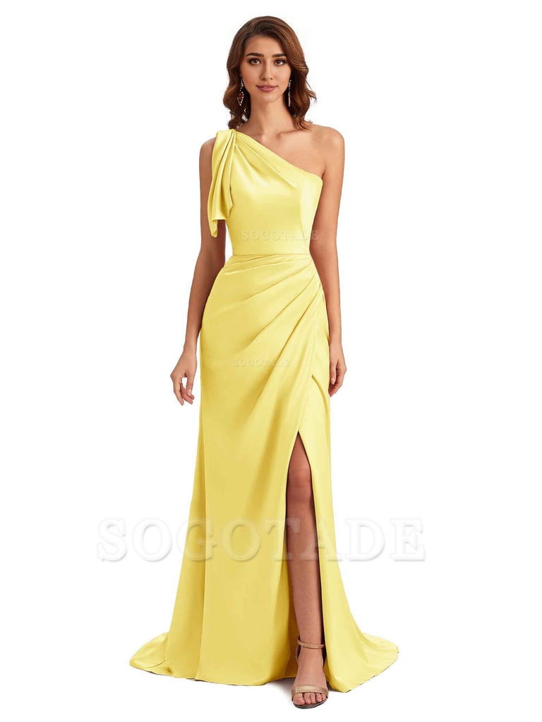 Sexy One Shoulder Mermaid Side Slit Unique Silky Satin Bridesmaid Dresses 