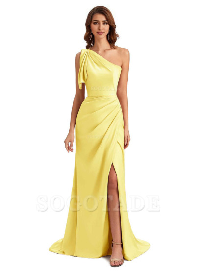 Sexy One Shoulder Mermaid Side Slit Unique Silky Satin Bridesmaid Dresses 