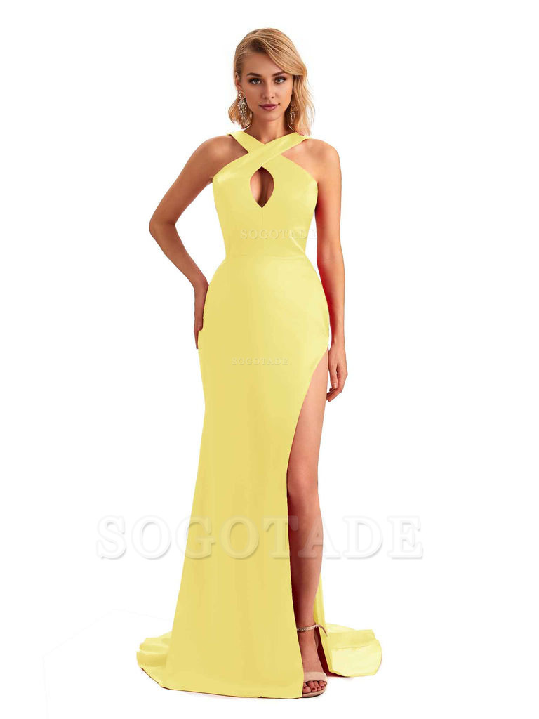 Sexy Side Slit Halter Mermaid Silky Satin Unique Long Formal Wedding Bridesmaid Dresses