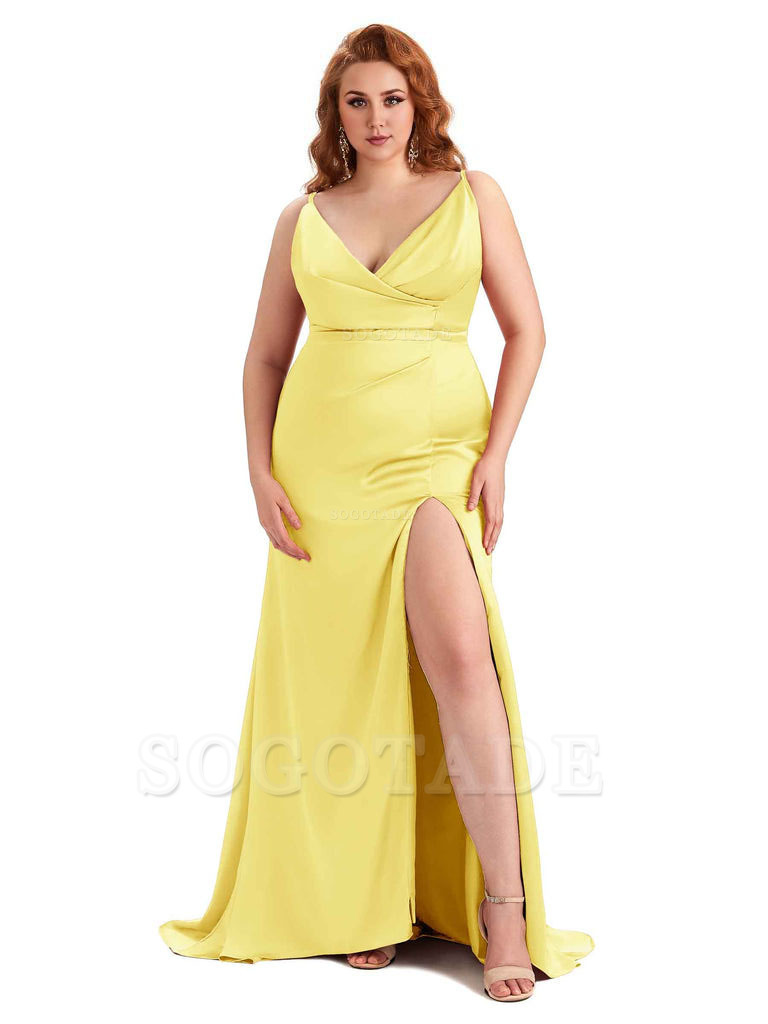 Sexy Side Slit Spaghetti Straps Mermaid Soft Satin Fashion Bridesmaid Dresses