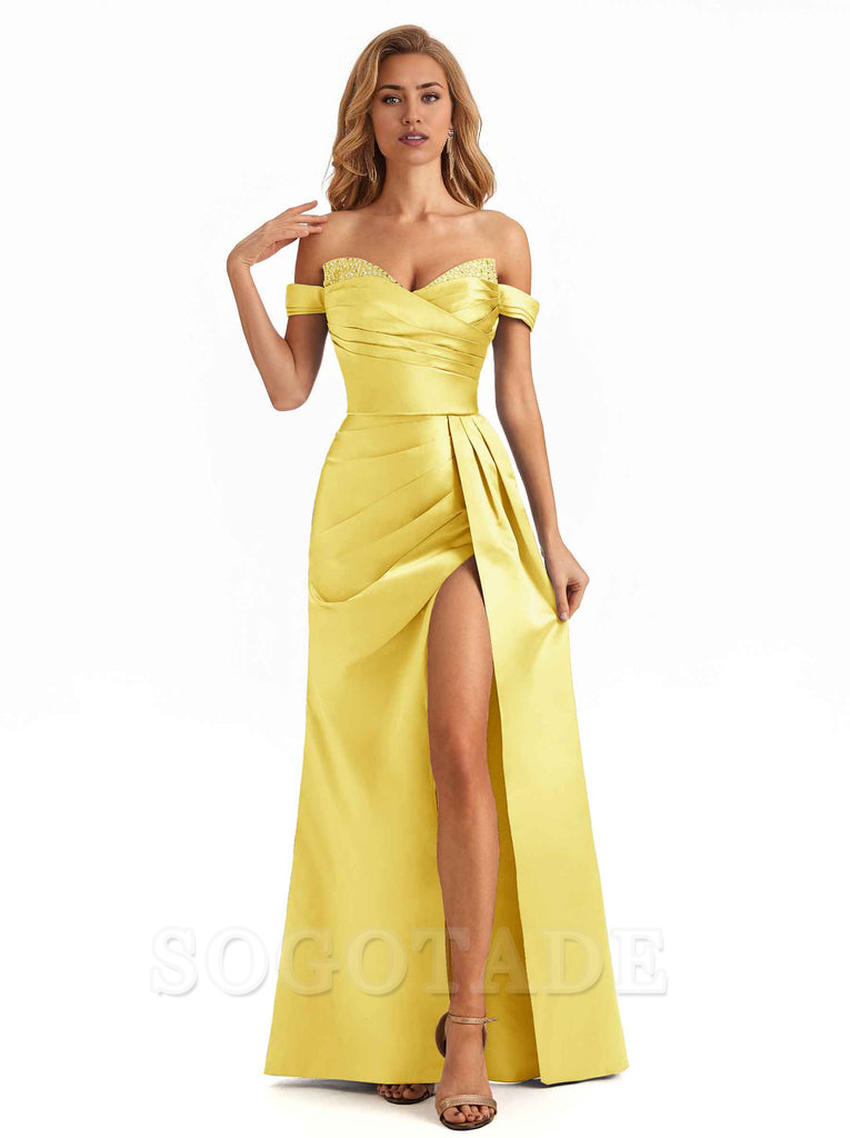 Sexy Off The Shoulder Soft Satin Mermaid Long Bridesmaid Dresses with Side Slit