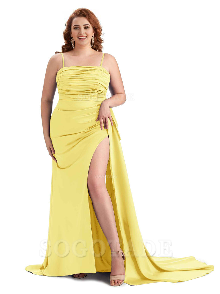 Sexy Side Slit Spaghetti Straps Mermaid Soft Satin Long Plus Size Bridesmaid Dresses Online