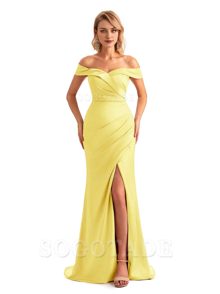 Off Shoulder Side Slit Mermaid Silky Satin Unique Long Formal Wedding Guest Dresses Online