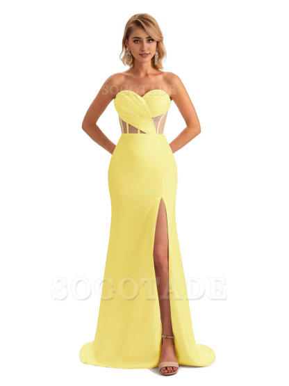 Sexy Sweetheart Strapless Side Slit Mermaid Soft Satin Unique Long Bridesmaid Dress For Wedding