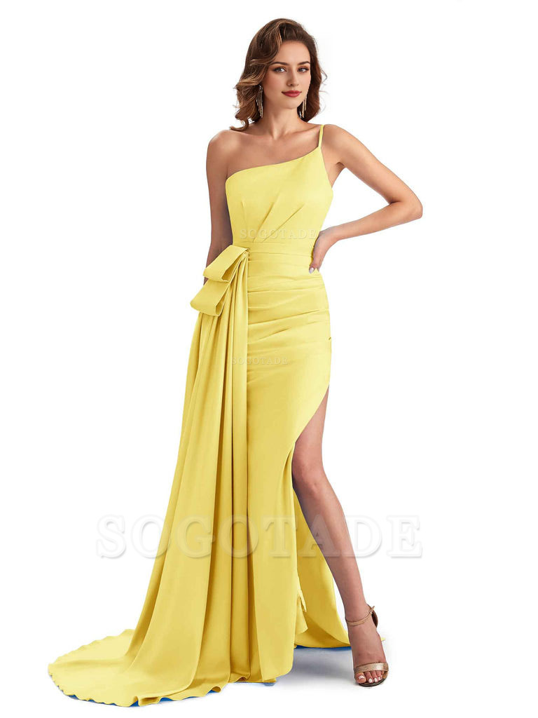 Sexy Side Slit Mermaid Silky Satin One Shoulder Modern Maxi Bridesmaid Dresses