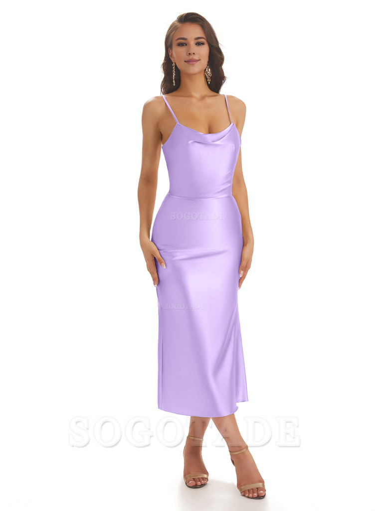 Sexy Soft Satin Spaghetti Strap Tea-Length Midi Short Bridesmaid Dresses prom shop dresses