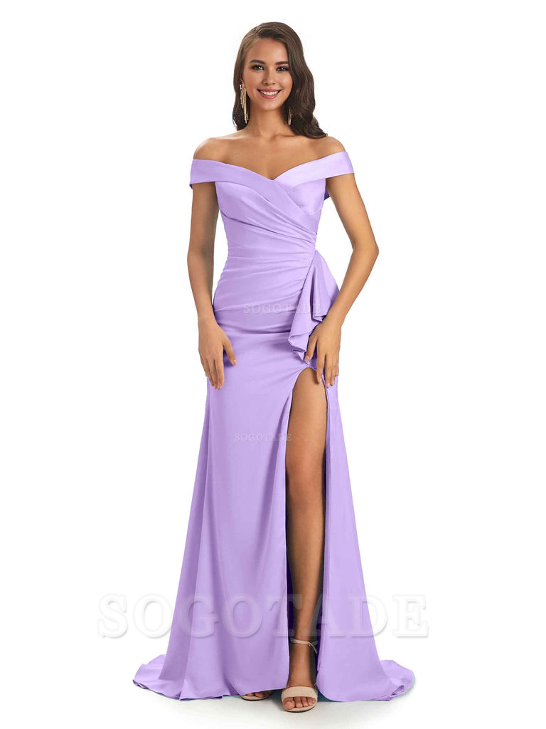 Sexy Soft Satin Side Slit Off The Shoulder Maxi Long Mermaid Bridesmaid Dresses prom shop dresses