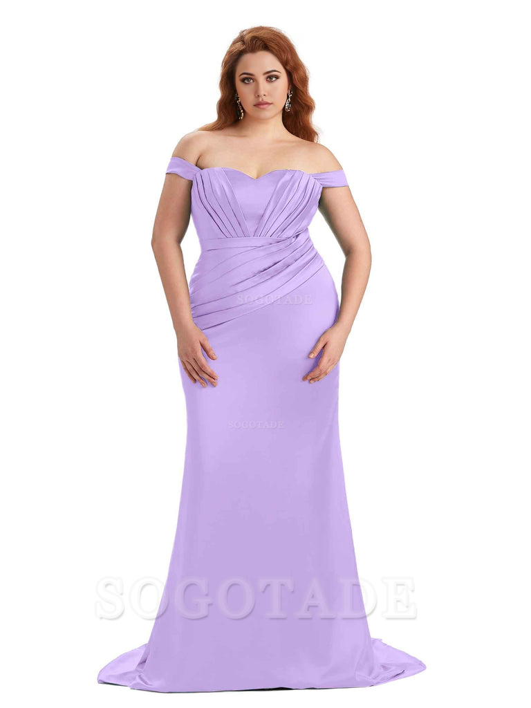 Sexy Mermaid Off The Shoulder Sweetheart Soft Satin Floor Length Long Plus Size Maid of Honor Dresses