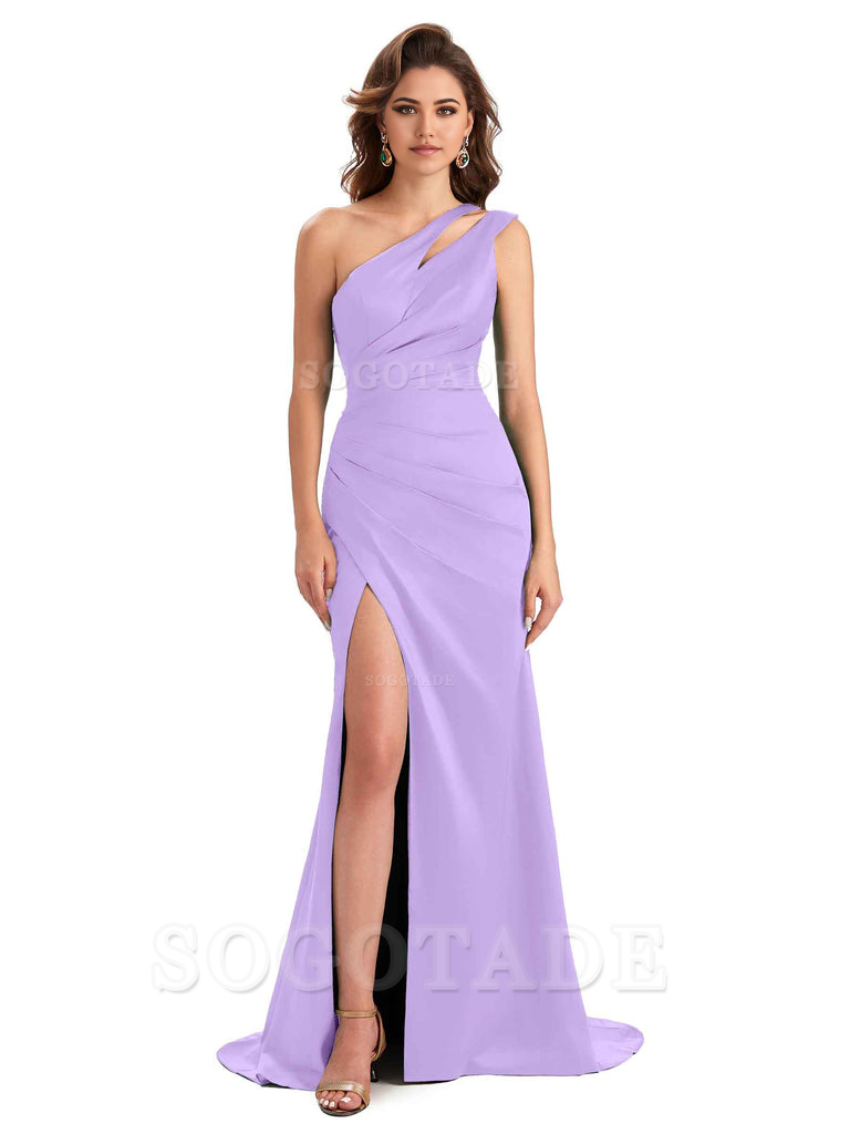 Mermaid One Shoulder Satin Sexy formal dresses evening gown Bridesmaid Dresses With Side Slit 