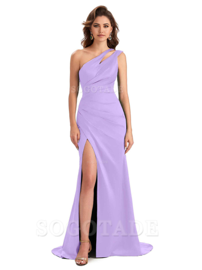 Mermaid One Shoulder Satin Sexy formal dresses evening gown Bridesmaid Dresses With Side Slit 