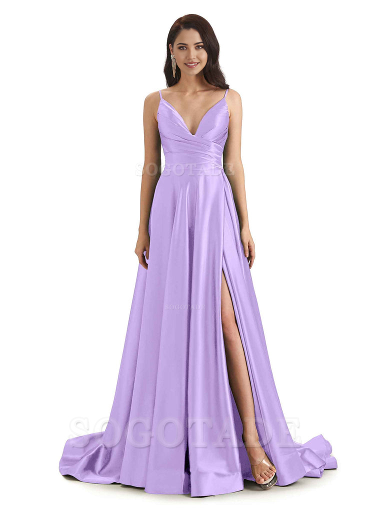 Spaghetti Straps Satin formal dresses evening gown Bridesmaid Dresses With Side Slit 