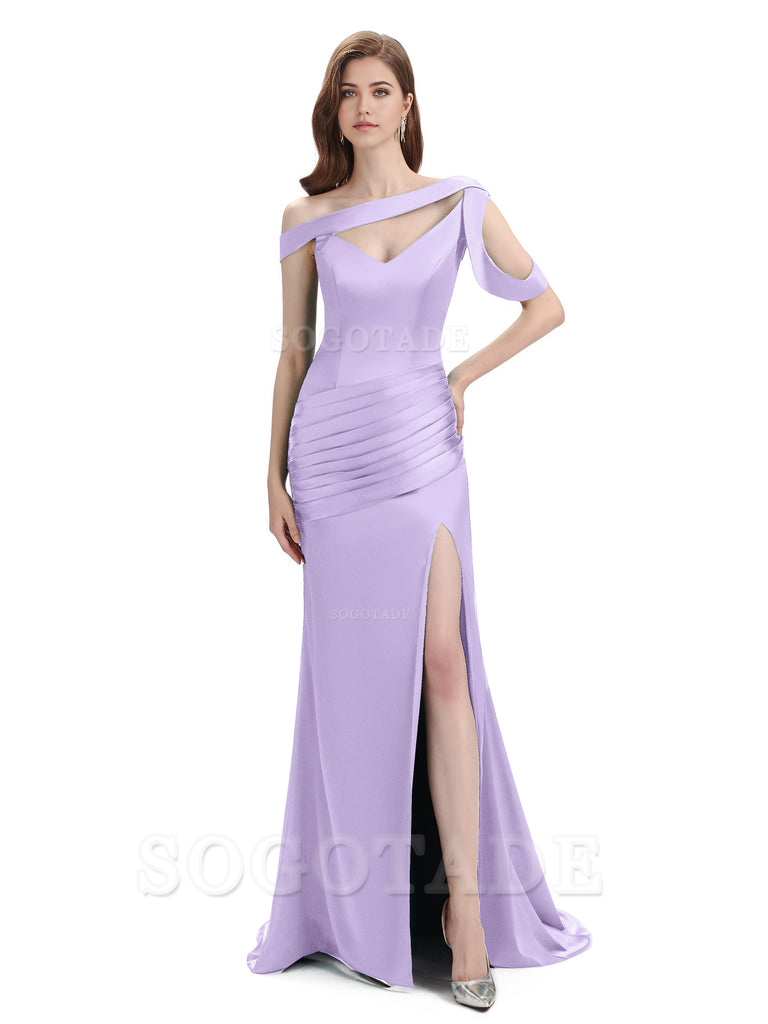Mermaid V-Neck Satin Floor-Length formal dresses evening gown Bridesmaid Dresses With Side Slit 