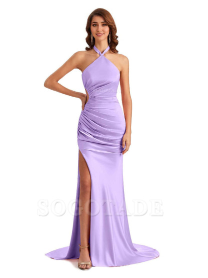 Sexy Halter Mermaid Silky Satin Unique Long Formal Wedding Guest Dresses